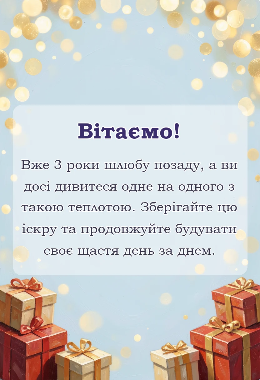 унікальна листівка - привітання з річницею весілля 3 роки