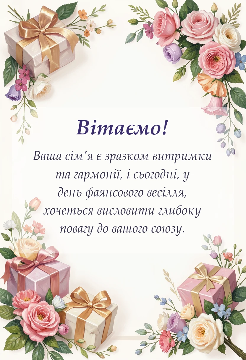вітальна листівка - привітання з фаянсовим весіллям