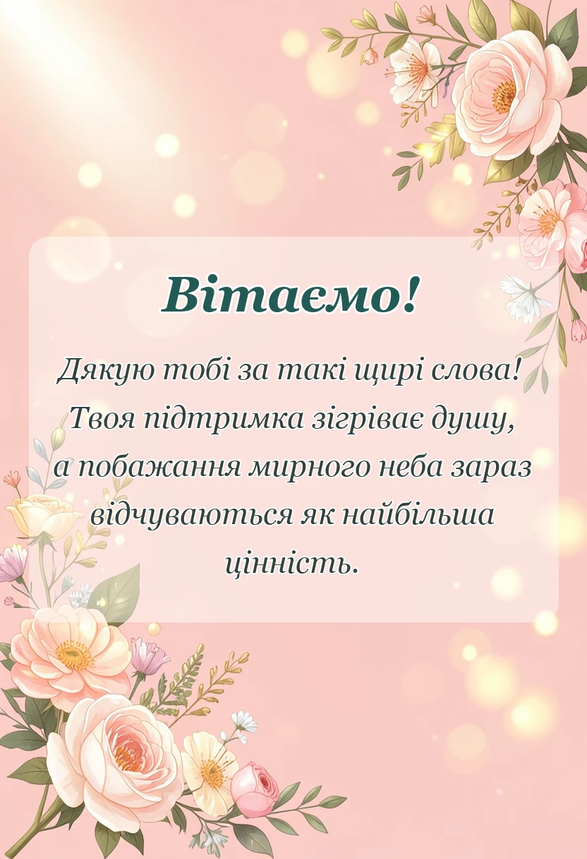 листівка з побажанням - подяка за привітання мирного неба своїми словами