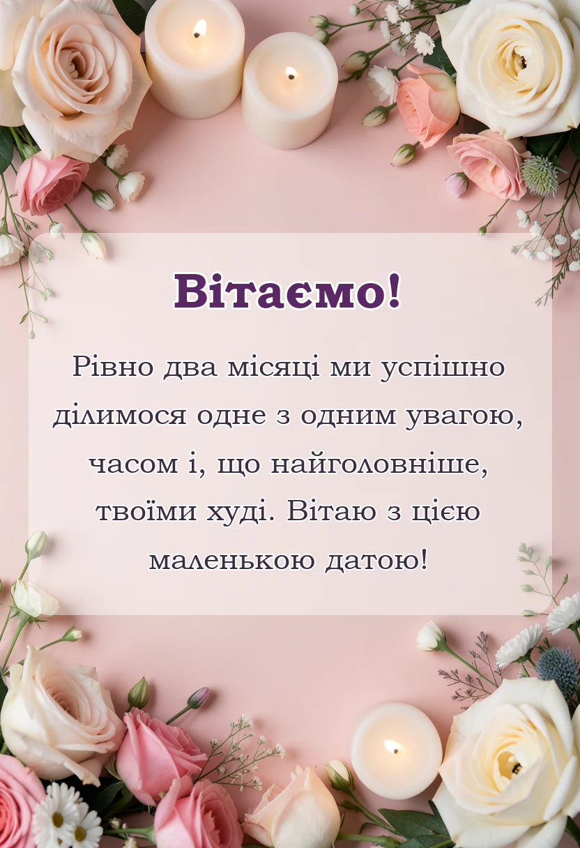 красива листівка: привітання своїми словами хлопцю і дівчині на 2 місяці разом