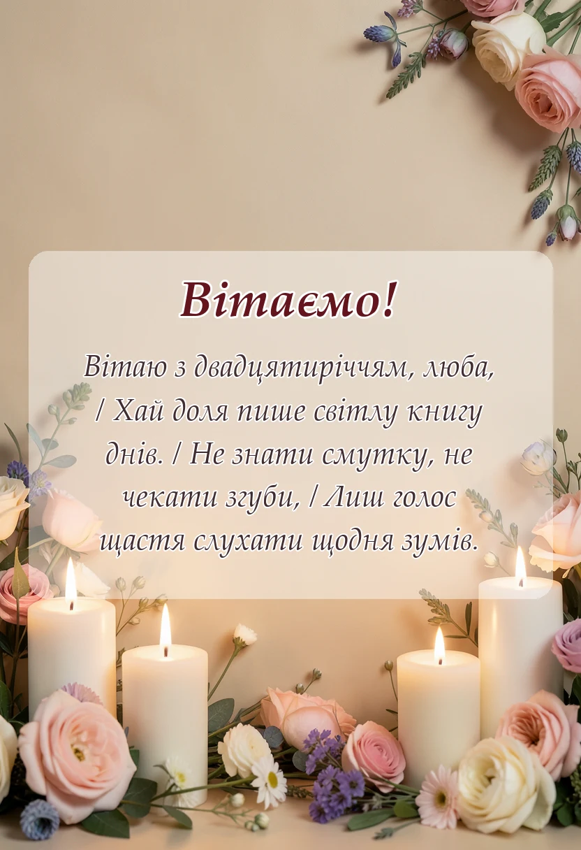 святкова картинка: привітання з 20-річчям жінці