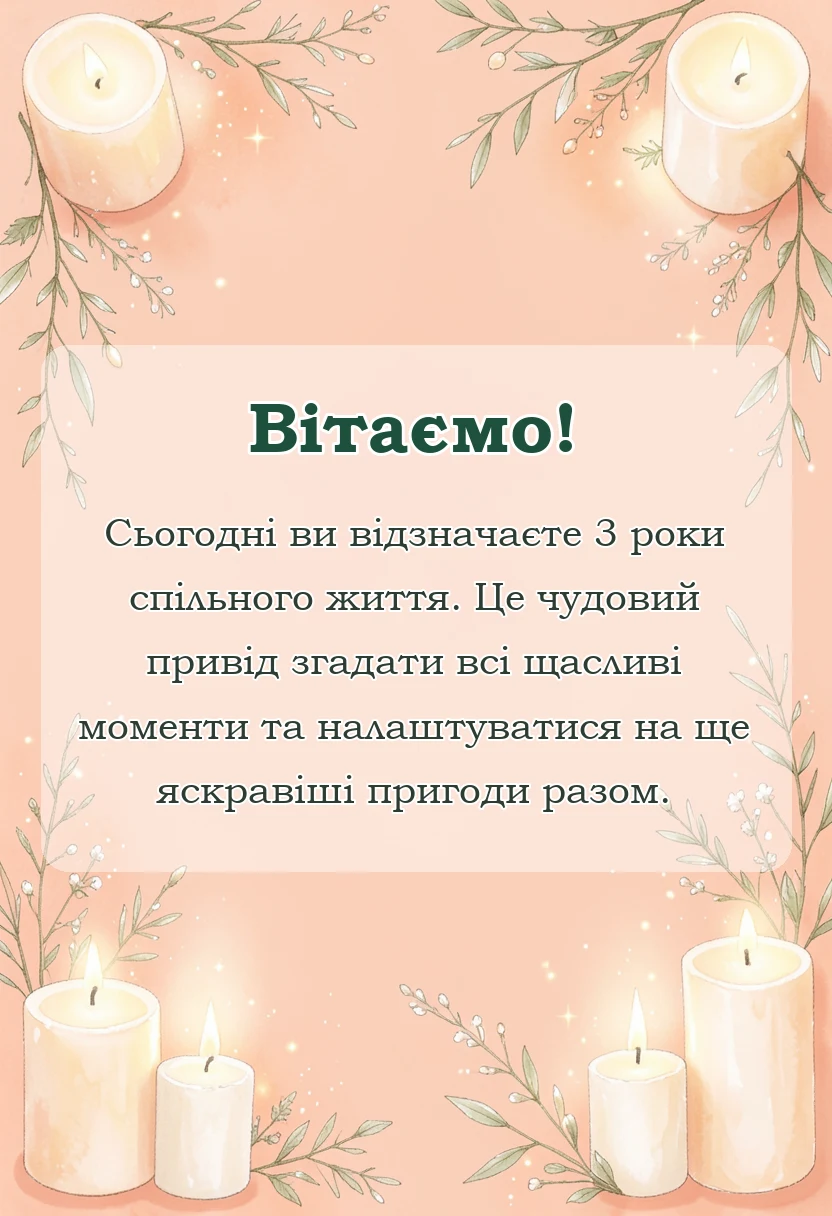вітальна листівка - привітання з річницею весілля 3 роки