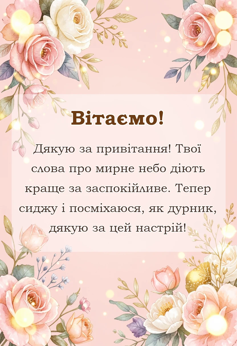 листівка з побажанням - подяка за привітання мирного неба своїми словами