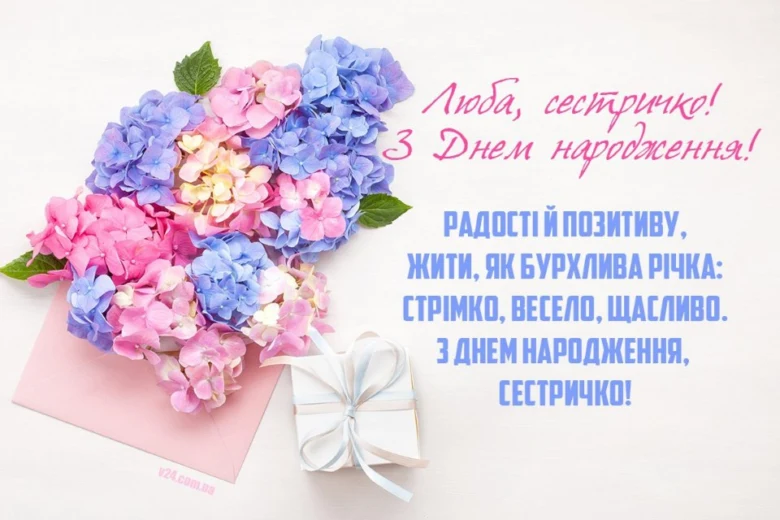Квіти та подарунок для привітання з днем народження.