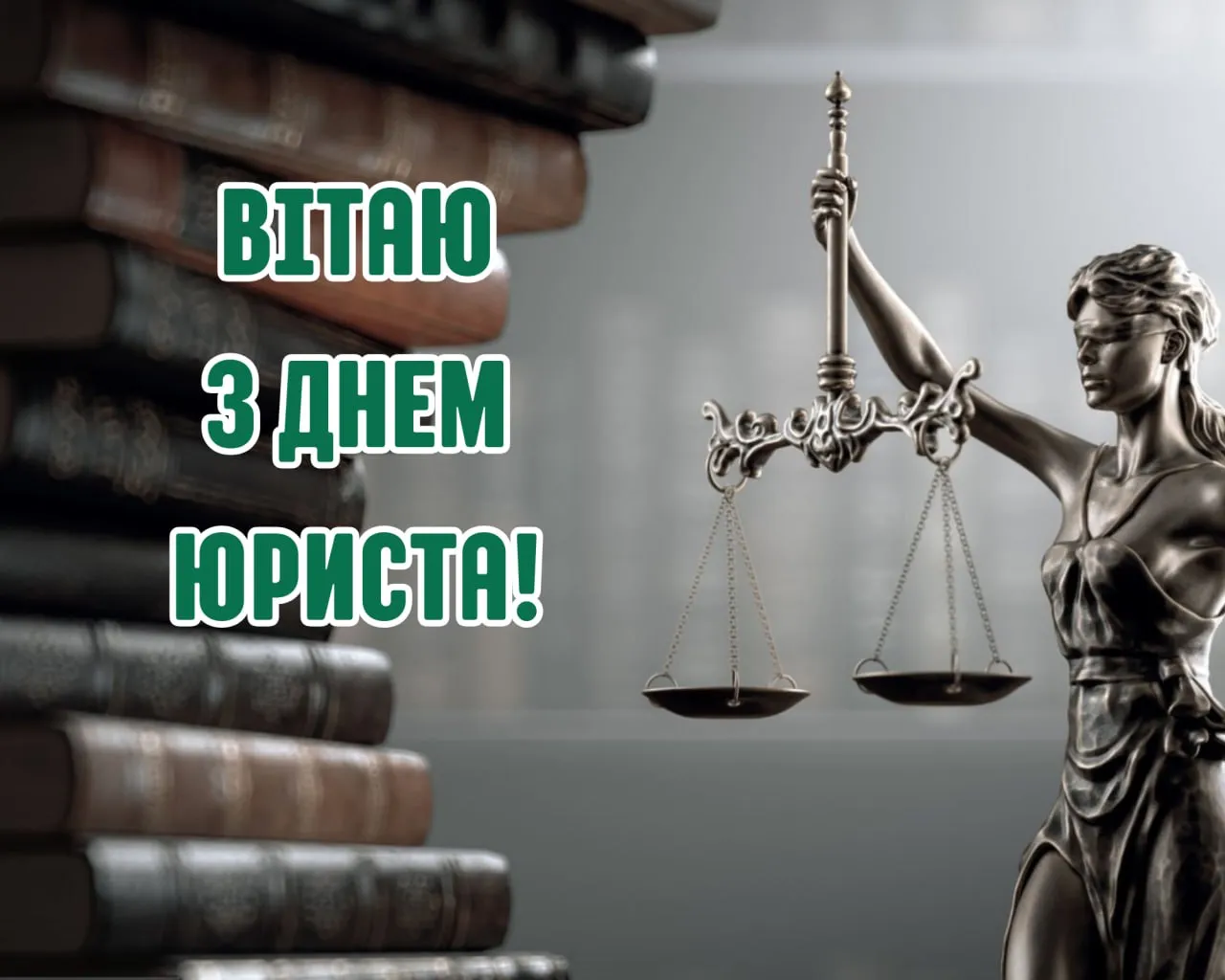 Вітаємо з днем юриста! Статуя правосуддя та книги.