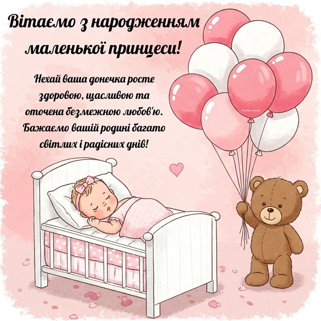 Вітання з народженням донечки: немовля в ліжечку та ведмедик із кульками.