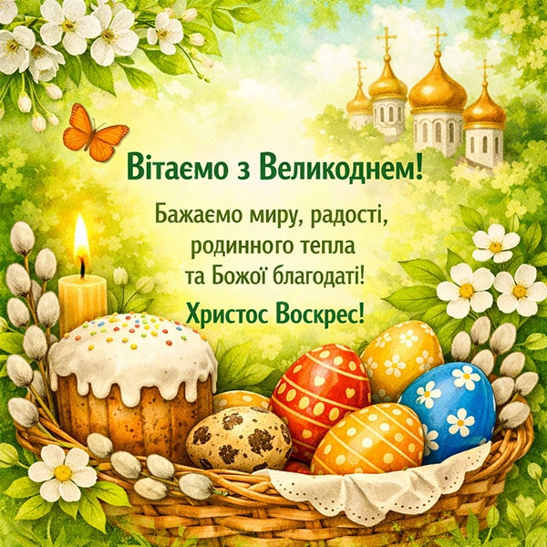 Великоднє привітання з кошиком яєць та куличем на фоні церковних куполів.