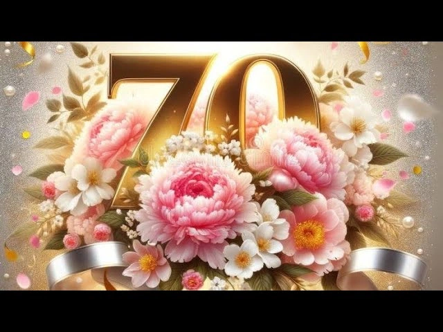 Золоті цифри 70 серед квітів для ювілею.