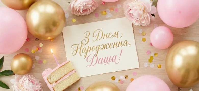 Привітання з днем народження Даша: торт, квіти та кульки.