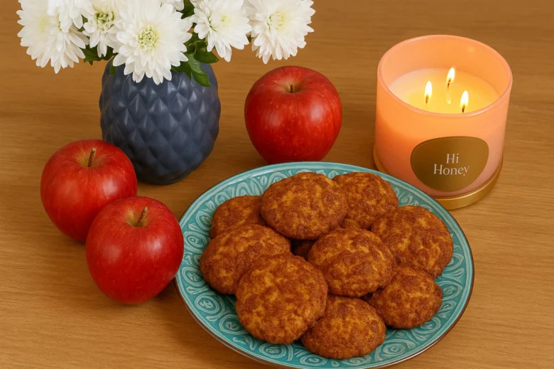 Безглютенові печива з яблуками та свіжими квітами на дерев'яному столі.