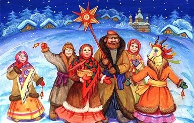 Українські персонажі святкують Новий рік під сніговим небом.