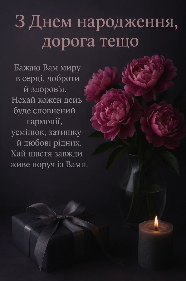 Квіти та подарунок для тещі з привітанням.