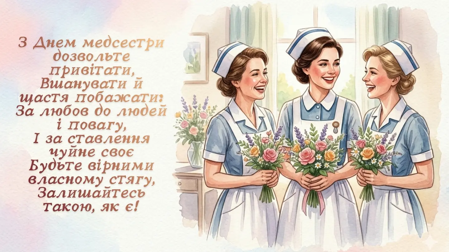 Три медсестри з квітами та привітанням на День медичної сестри.