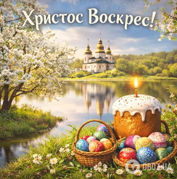 Пасхальне привітання з яйцями та церквою на фоні