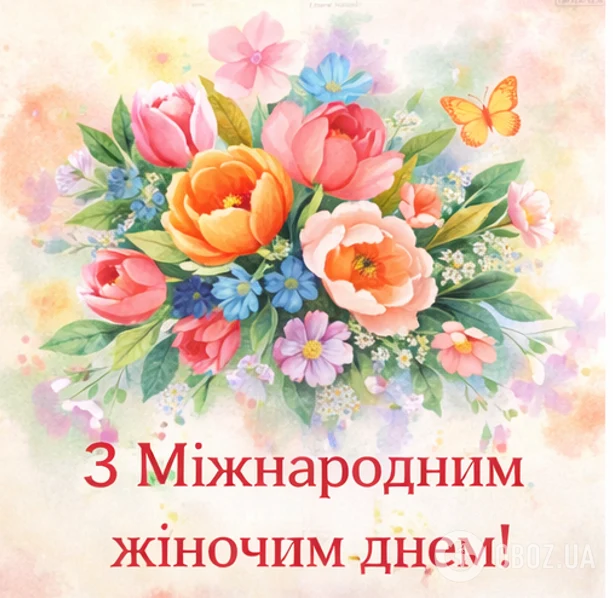 Квіти та метелик на фоні привітання з Міжнародним жіночим днем.