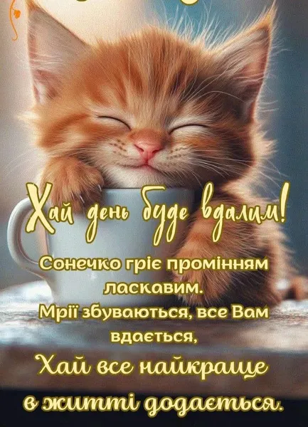 Кіт спить у чашці з побажаннями доброго ранку.