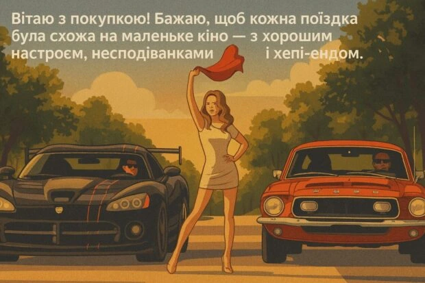 Жінка між двома машинами на фоні заходу сонця.