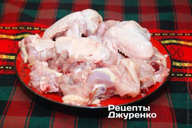 Сирі шматки курячого м'яса на червоній тарілці.