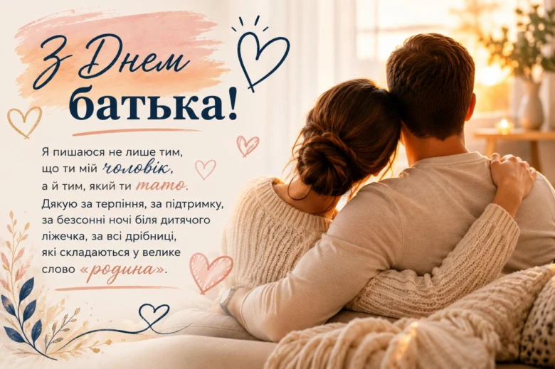 Чоловік і жінка обіймаються, привітання з Днем батька українською.