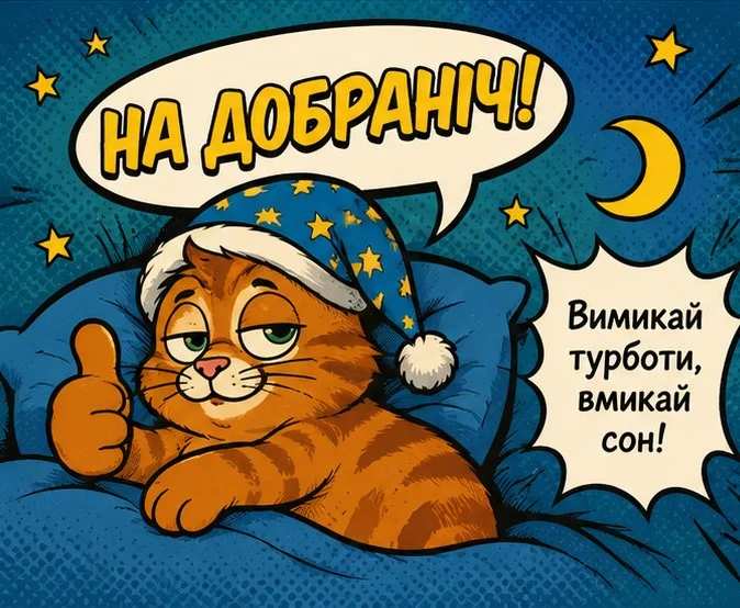 Кіт у шапці зірками каже «На добраніч!» під час сну.